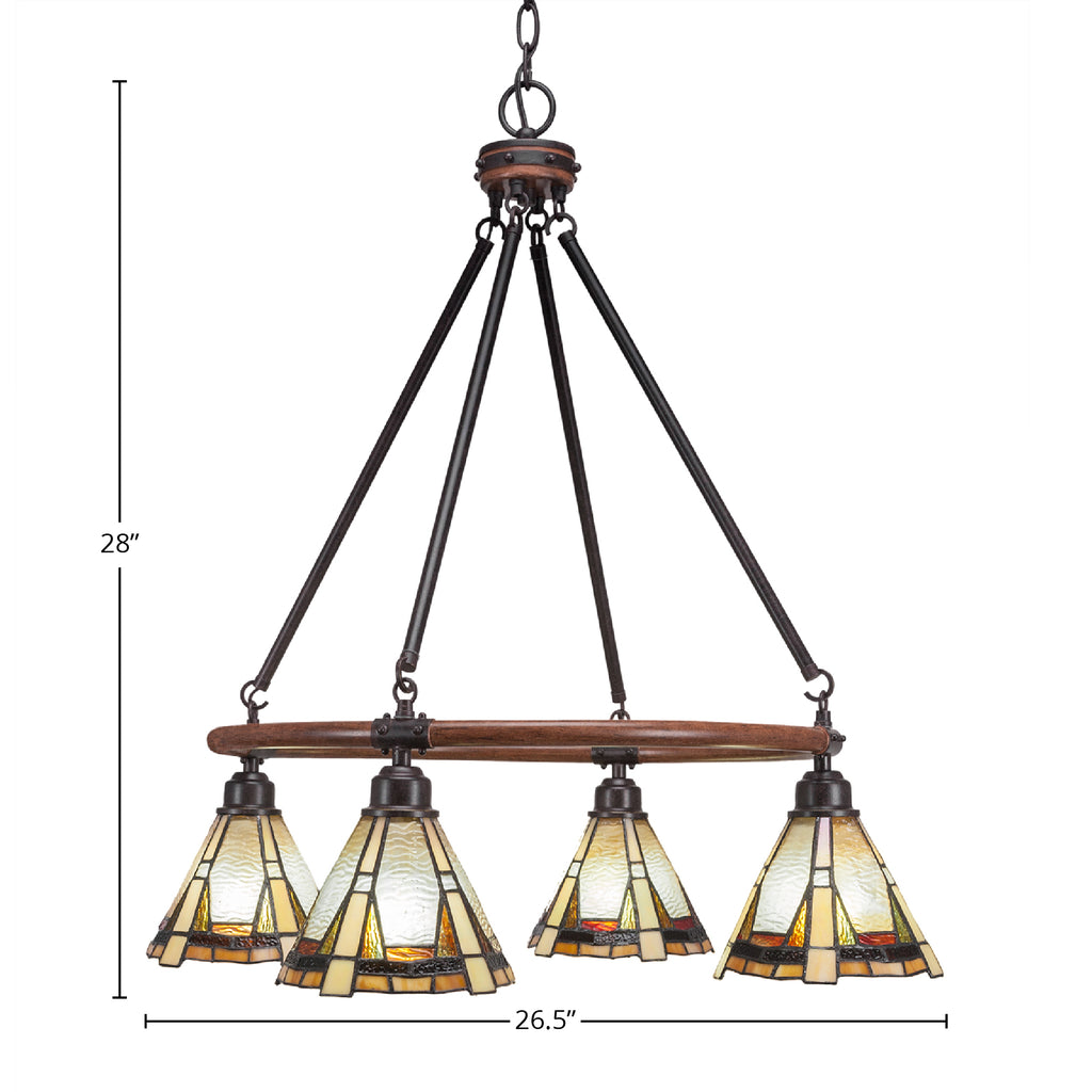 Blacksmith Four Light Chandelier in Painted Wood-look Metal & Dark Granite with 7" Zion Art Glass Shade