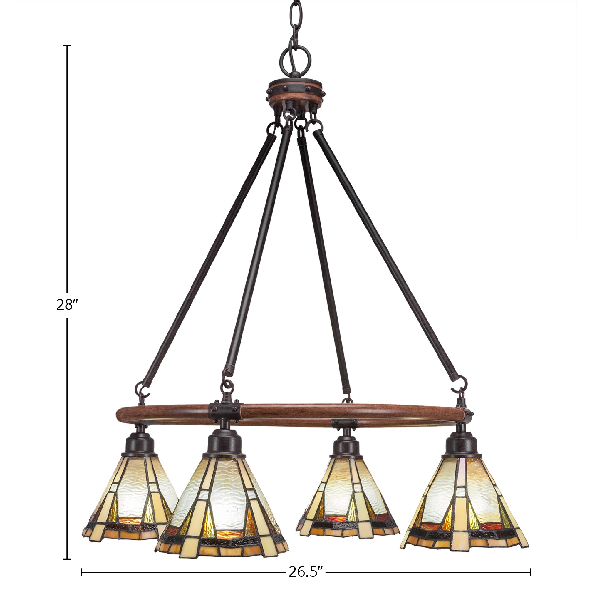 Blacksmith Four Light Chandelier in Painted Wood-look Metal & Dark Granite with 7" Zion Art Glass Shade