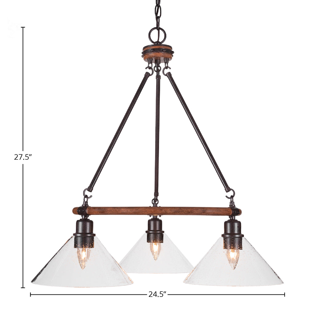 Blacksmith Three Light Chandelier in Painted Wood-Look Metal & Dark Granite with 10" Clear Bubble Shade