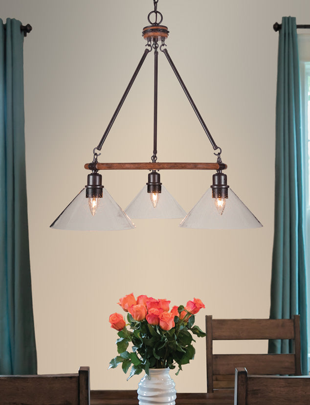 Blacksmith Three Light Chandelier in Painted Wood-Look Metal & Dark Granite with 10" Clear Bubble Shade