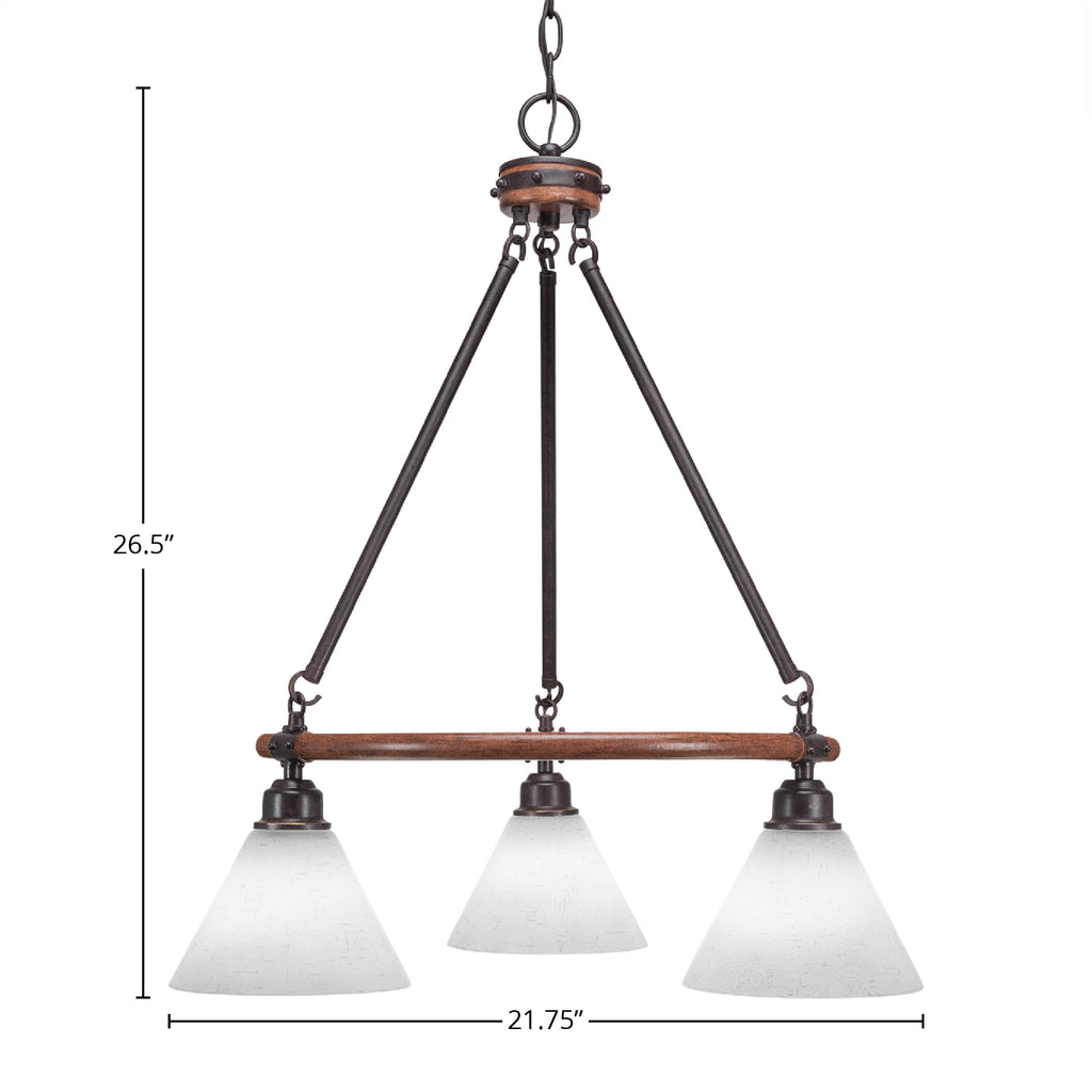 Blacksmith Three Light Chandelier in Painted Wood-Look Metal & Dark Granite with 7" White Muslin Shade