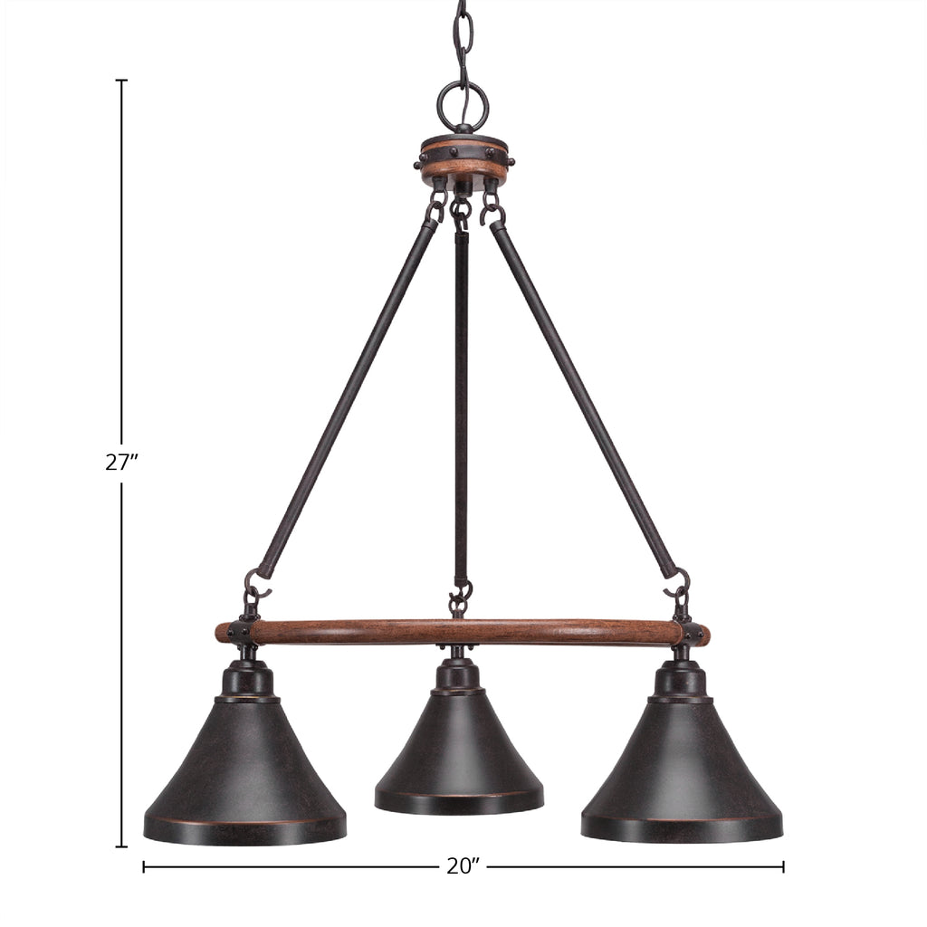 Blacksmith Three Light Chandelier in Painted Wood-Look Metal & Dark Granite with 7" Dark Granite Cone Metal Shade Shade