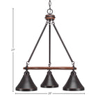 Blacksmith Three Light Chandelier in Painted Wood-Look Metal & Dark Granite with 7" Dark Granite Cone Metal Shade Shade