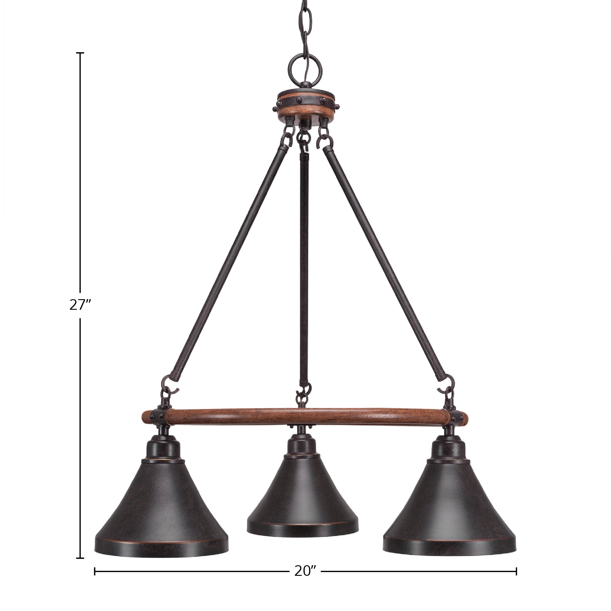 Blacksmith Three Light Chandelier in Painted Wood-Look Metal & Dark Granite with 7" Dark Granite Cone Metal Shade Shade