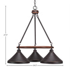 Blacksmith Three Light Chandelier in Painted Wood-Look Metal & Dark Granite with 10" Dark Granite Cone Metal Shade Shade