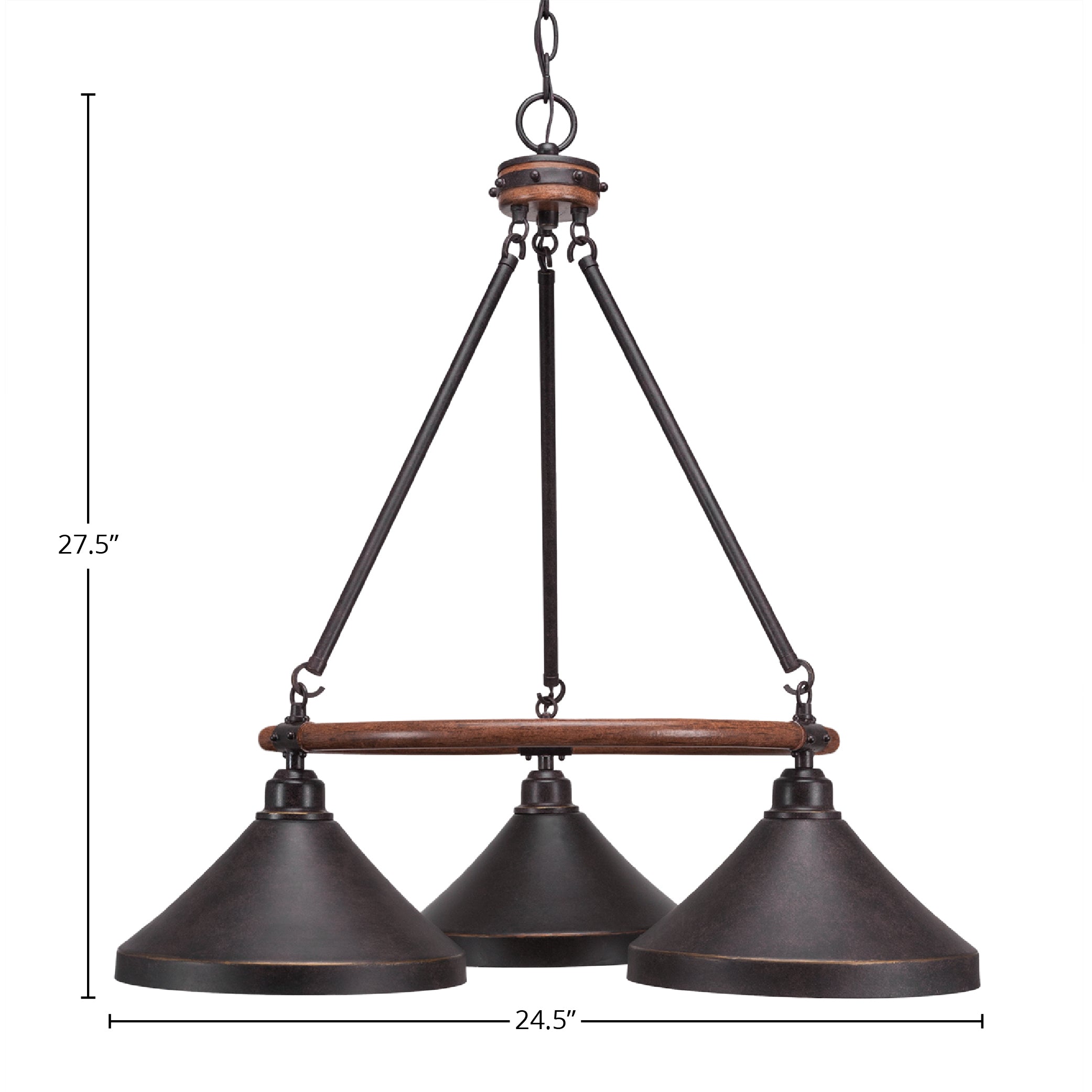 Blacksmith Three Light Chandelier in Painted Wood-Look Metal & Dark Granite with 10" Dark Granite Cone Metal Shade Shade
