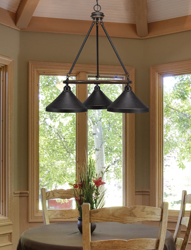 Blacksmith Three Light Chandelier in Painted Wood-Look Metal & Dark Granite with 10" Dark Granite Cone Metal Shade Shade