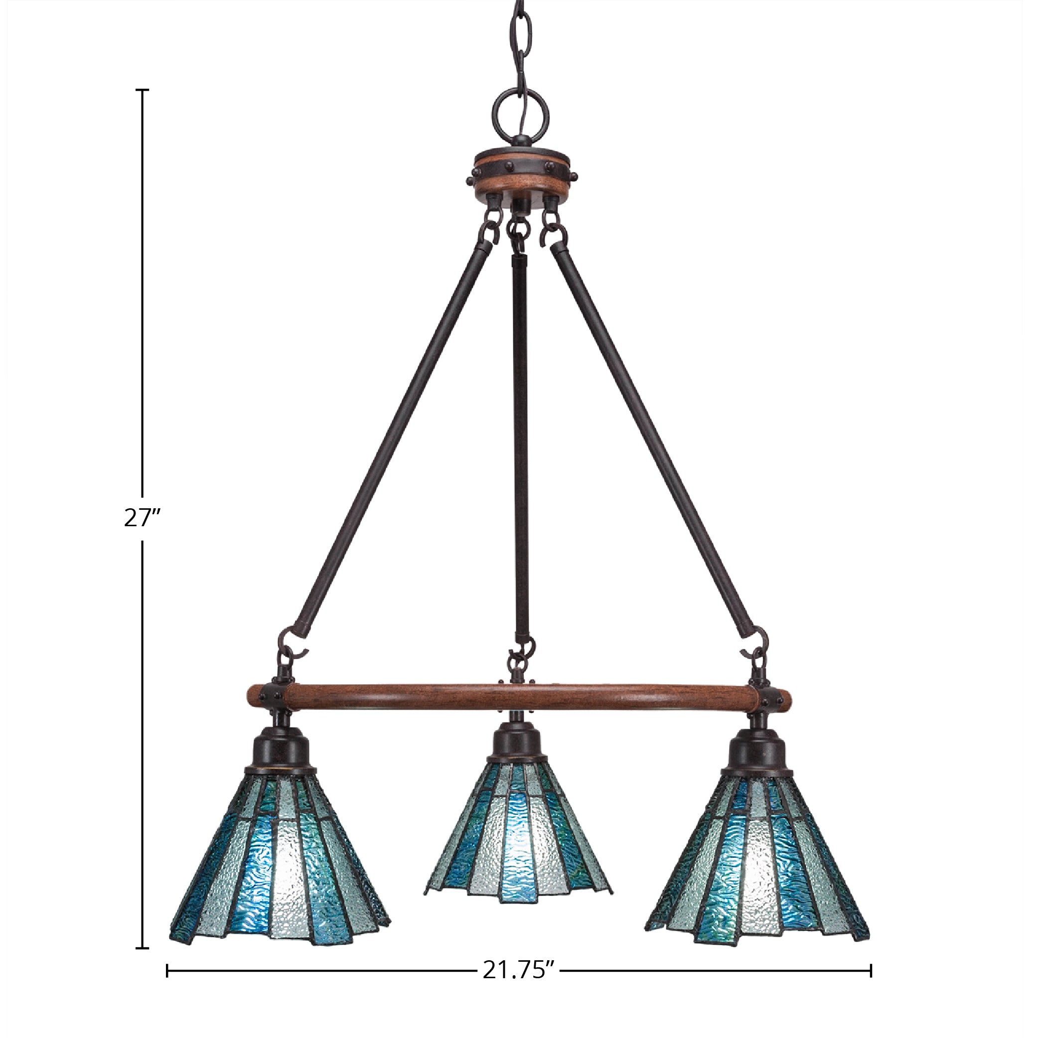 Blacksmith Three Light Chandelier in Painted Wood-Look Metal & Dark Granite with 7" Sea Ice Art Glass Shade