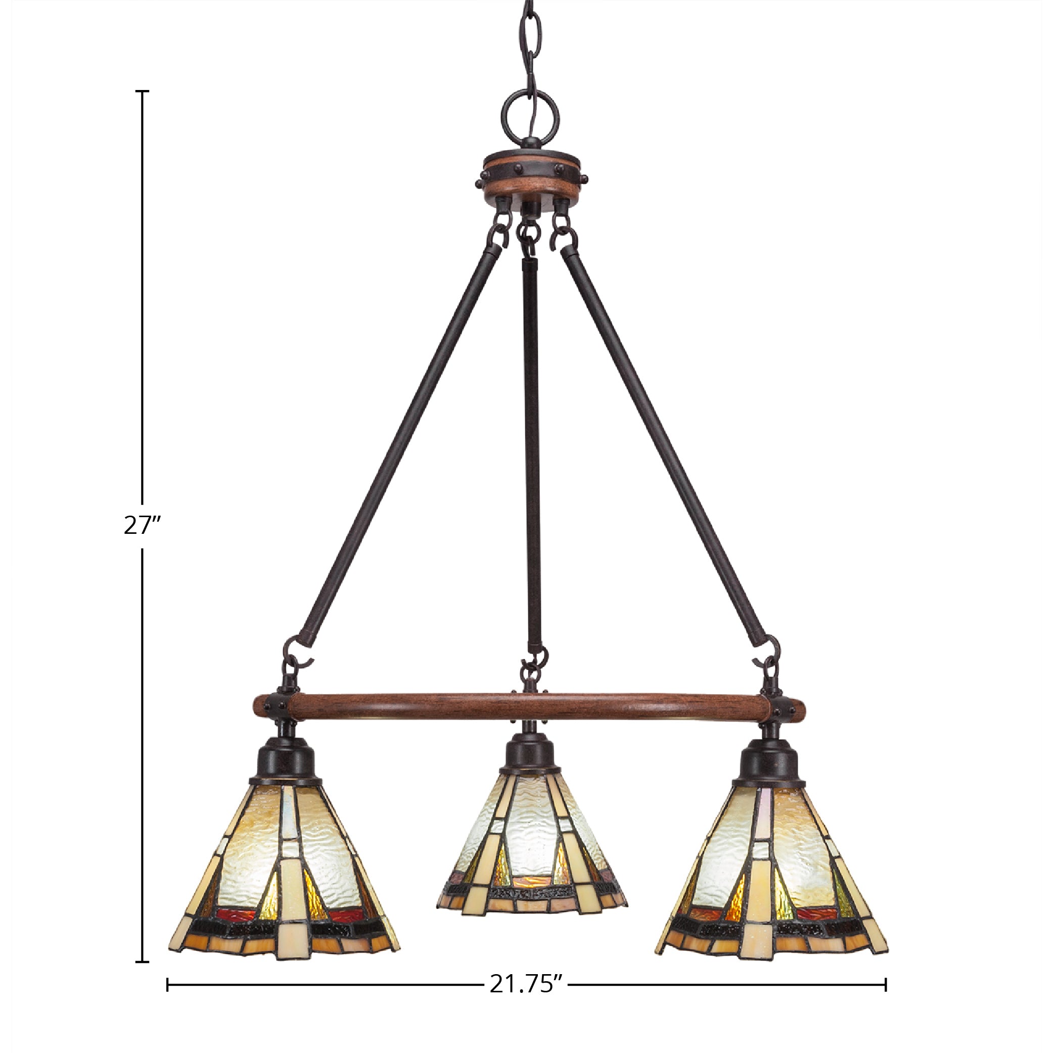 Blacksmith Three Light Chandelier in Painted Wood-Look Metal & Dark Granite with 7" Zion Art Glass Shade