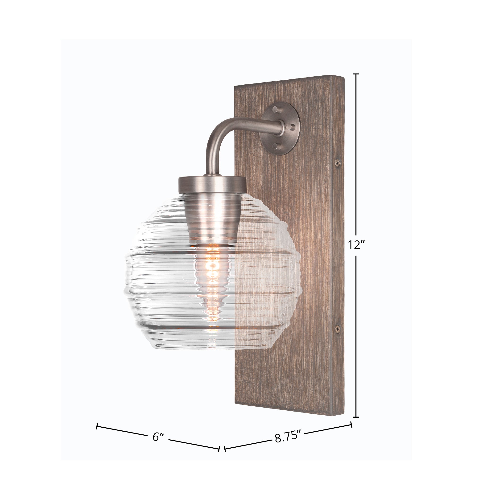 Oxbridge One Light Wall Sconce in Graphite & Painted Distressed Wood-look Metal with 6" Clear Ribbed Shade