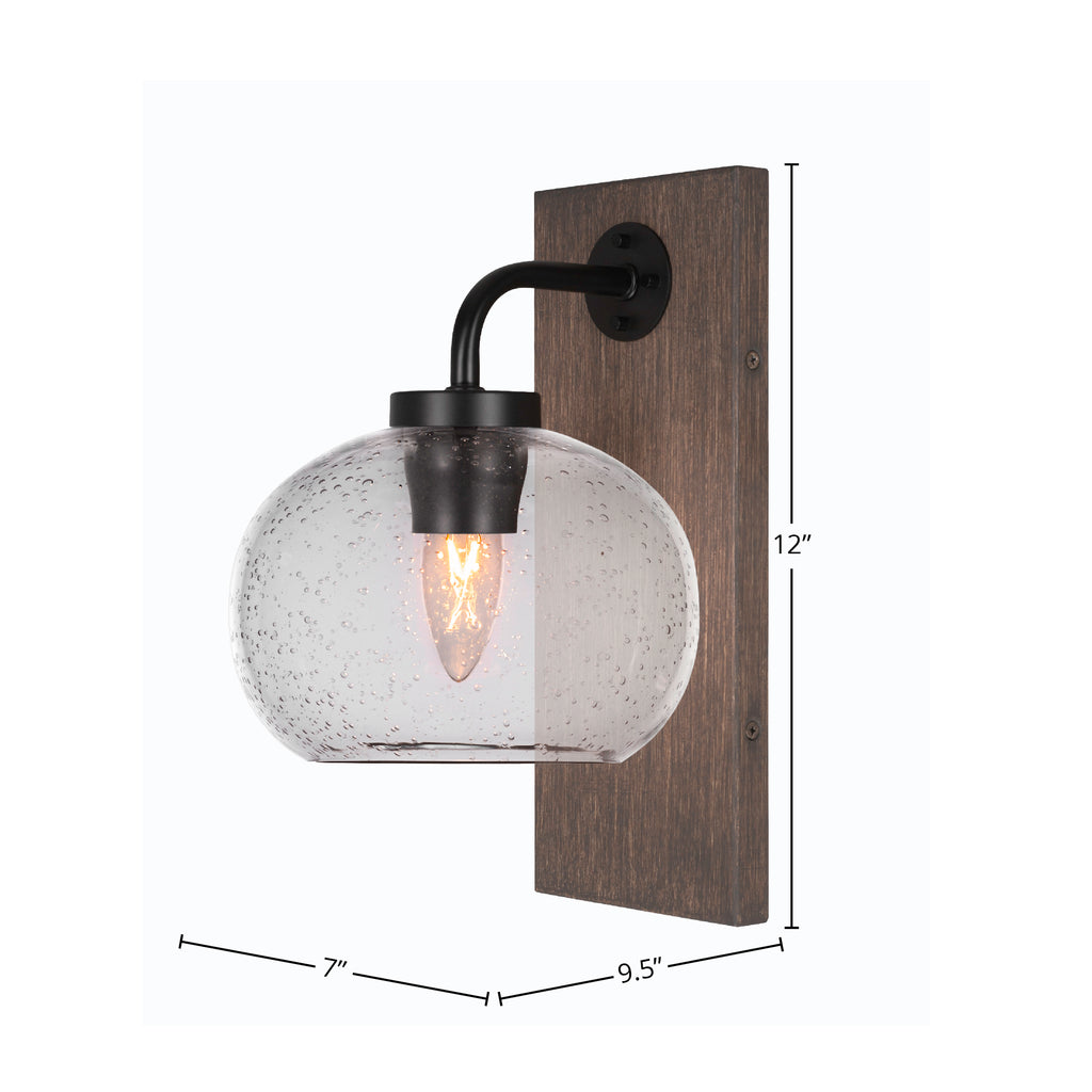 Oxbridge One Light Wall Sconce in Matte Black & Painted Distressed Wood-look Metal with 7" Clear Bubble Shade