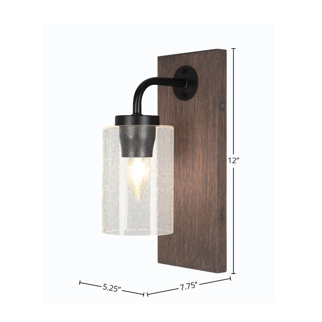 Oxbridge One Light Wall Sconce in Matte Black & Painted Distressed Wood-look Metal with 4" Clear Bubble Shade