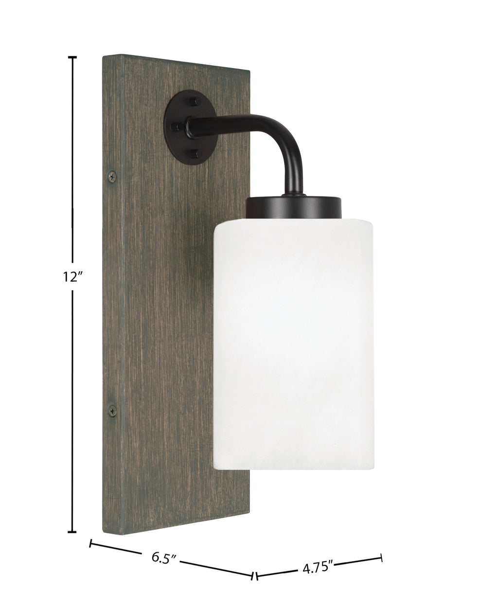 Oxbridge One Light Wall Sconce in Matte Black & Painted Distressed Wood-look Metal with 4" White Marble Shade