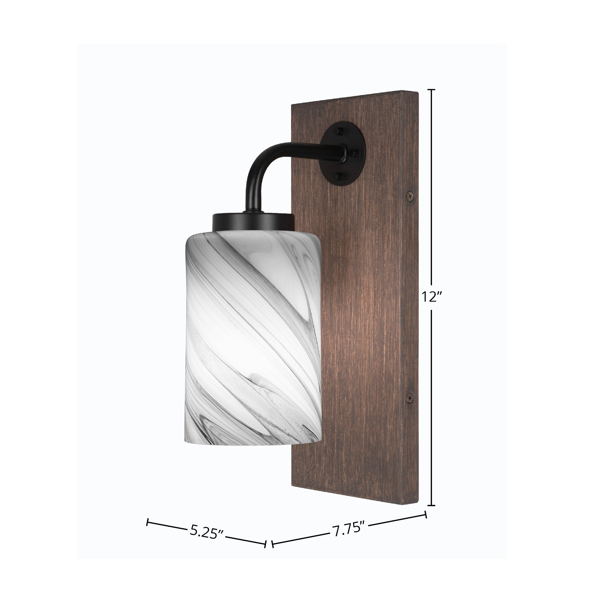 Oxbridge One Light Wall Sconce in Matte Black & Painted Distressed Wood-look Metal with 4" Onyx Swirl Shade