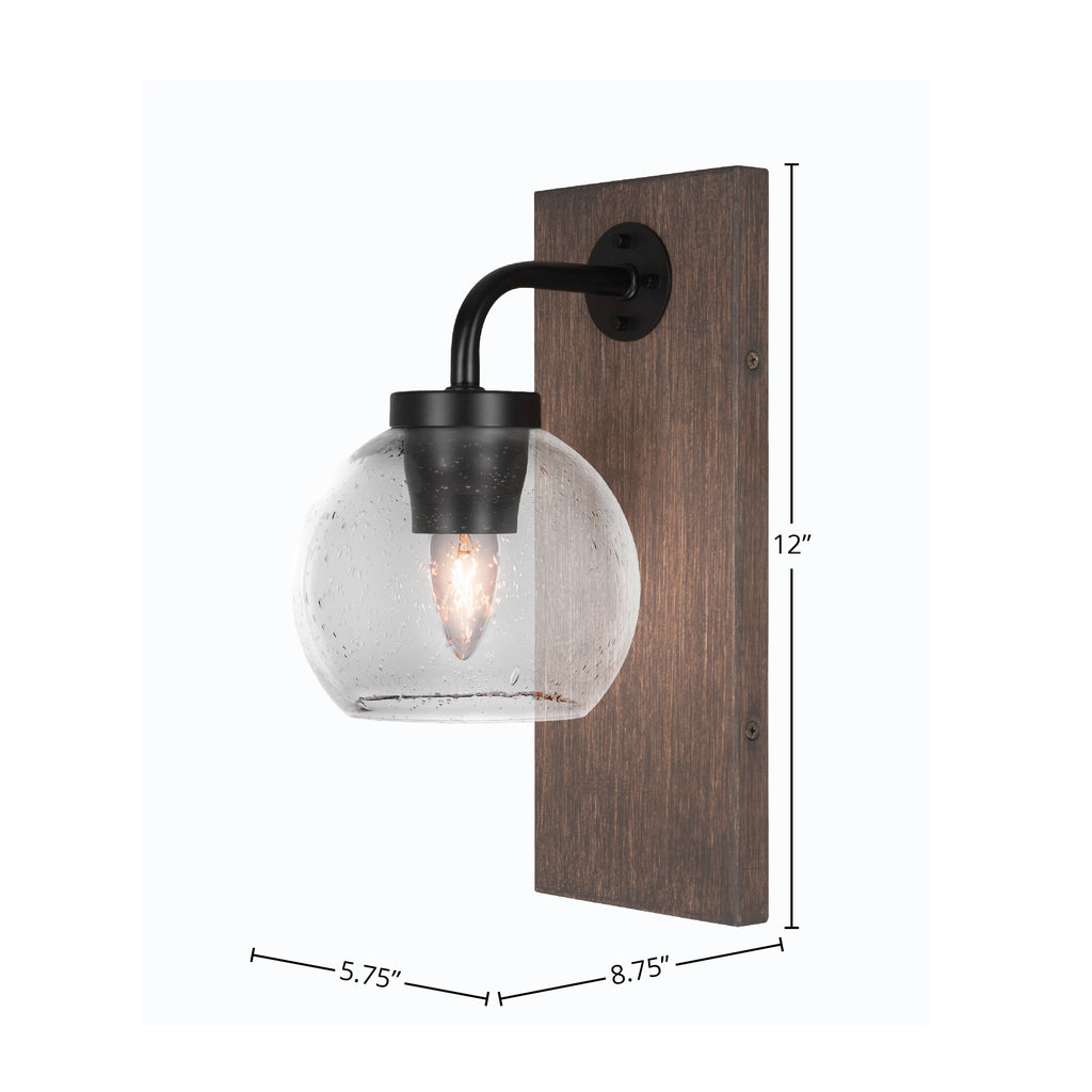 Oxbridge One Light Wall Sconce in Matte Black & Painted Distressed Wood-look Metal with 5.75" Clear Bubble Shade