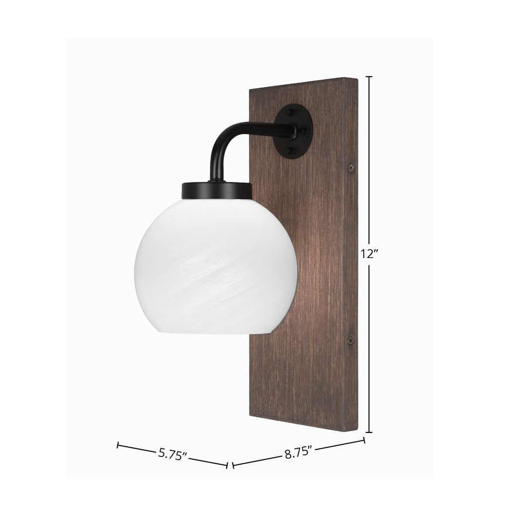 Oxbridge One Light Wall Sconce in Matte Black & Painted Distressed Wood-look Metal with 5.75" White Marble Shade