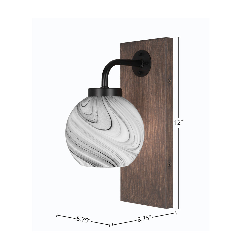 Oxbridge One Light Wall Sconce in Matte Black & Painted Distressed Wood-look Metal with 5.75" Onyx Swirl Shade