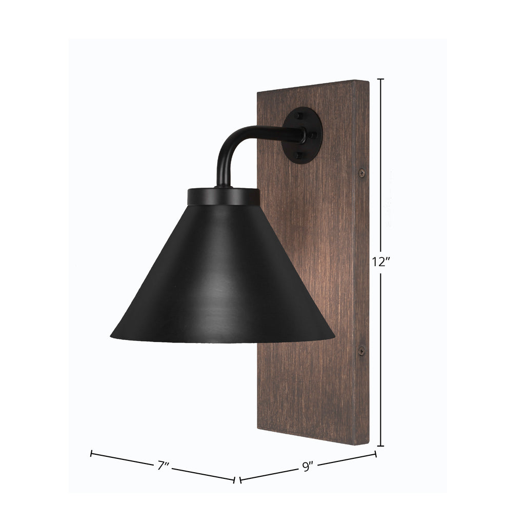 Oxbridge One Light Wall Sconce in Matte Black & Painted Distressed Wood-look Metal with 7" Matte Black Cone Metal Shade Shade