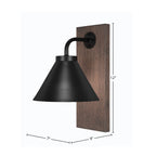 Oxbridge One Light Wall Sconce in Matte Black & Painted Distressed Wood-look Metal with 7" Matte Black Cone Metal Shade Shade