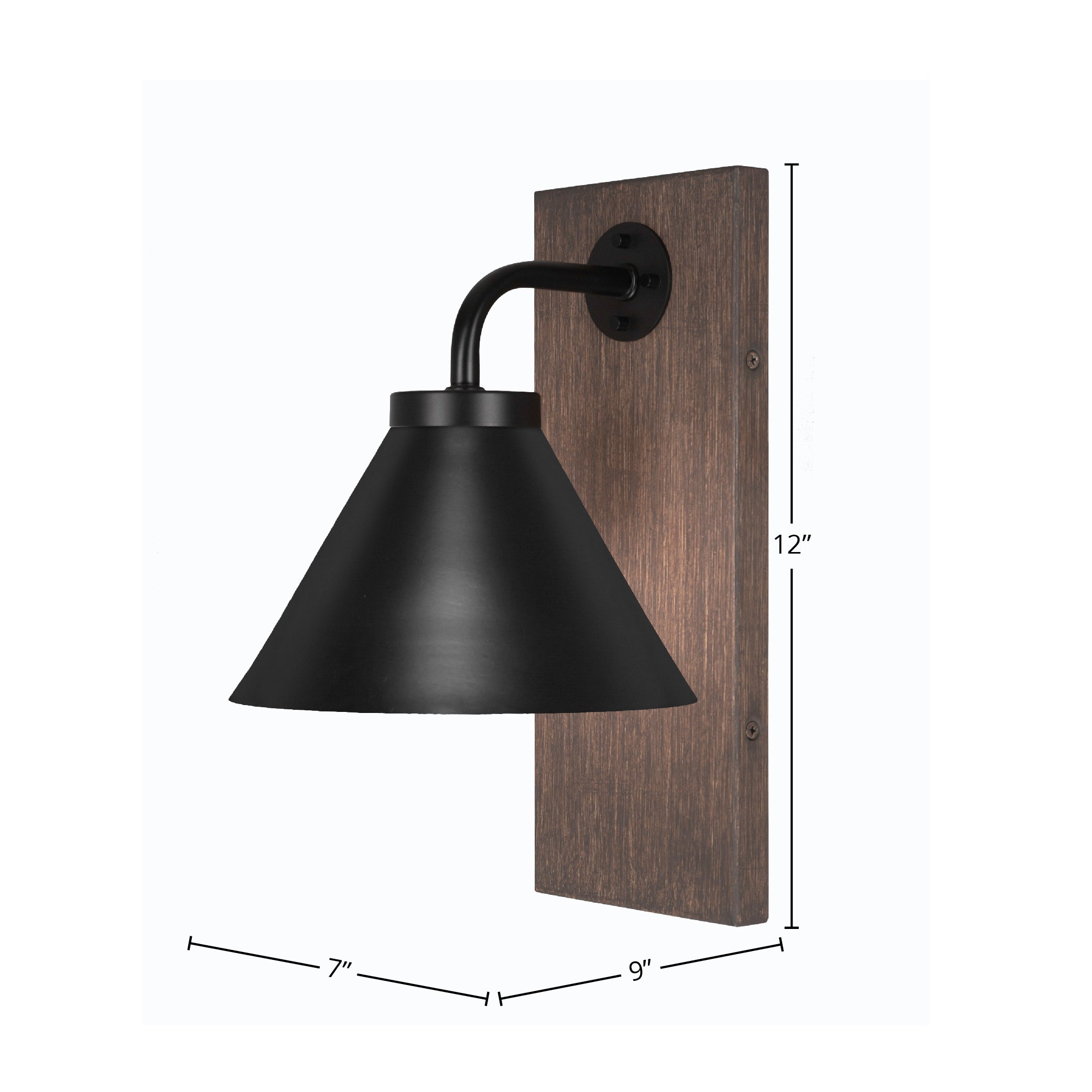 Oxbridge One Light Wall Sconce in Matte Black & Painted Distressed Wood-look Metal with 7" Matte Black Cone Metal Shade Shade