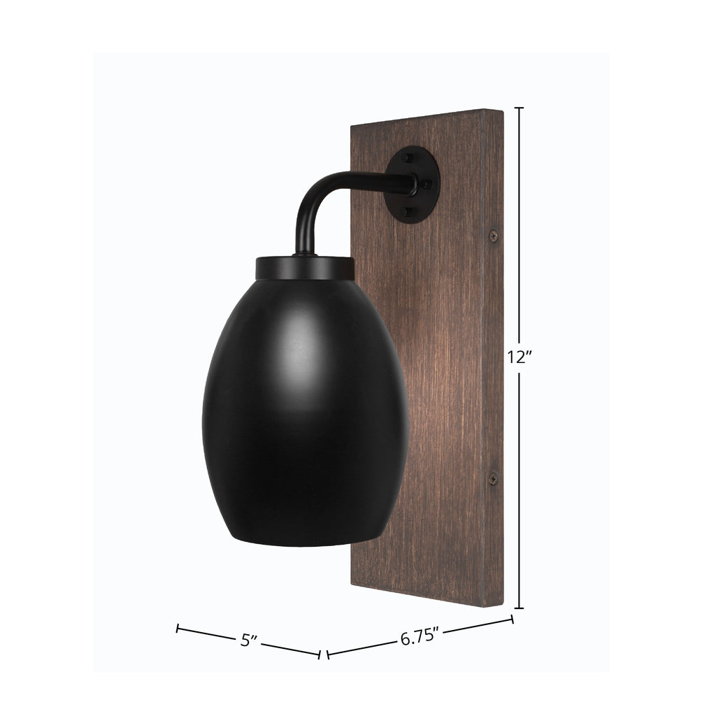 Oxbridge One Light Wall Sconce in Matte Black & Painted Distressed Wood-look Metal with 5" Matte Black Oval Metal Shade Shade