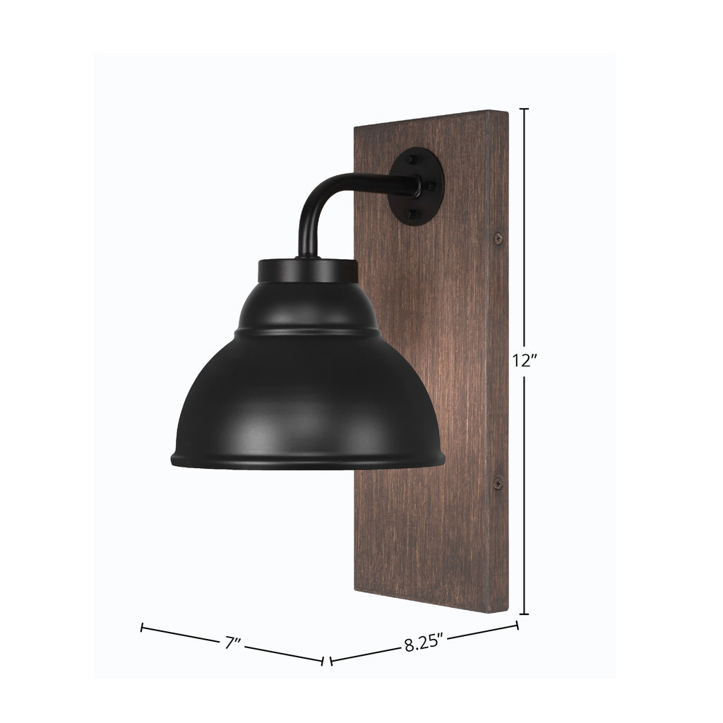 Oxbridge One Light Wall Sconce in Matte Black & Painted Distressed Wood-look Metal with 7" Matte Black Double Bubble Metal Shade Shade
