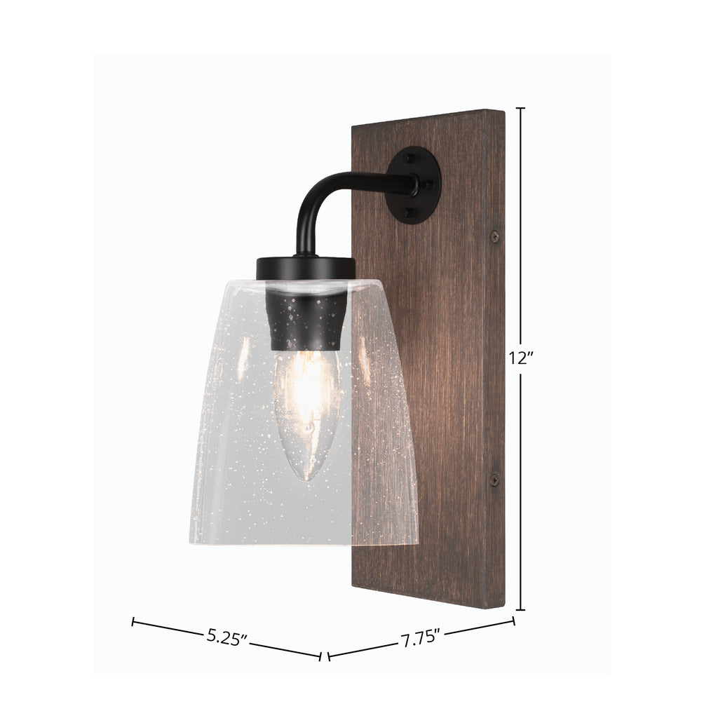 Oxbridge One Light Wall Sconce in Matte Black & Painted Distressed Wood-look Metal with 4.5" Square Clear Bubble Shade