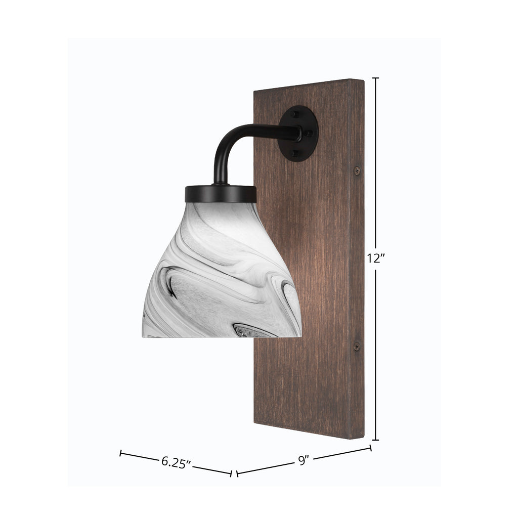 Oxbridge One Light Wall Sconce in Matte Black & Painted Distressed Wood-look Metal with 6.25" Onyx Swirl Shade