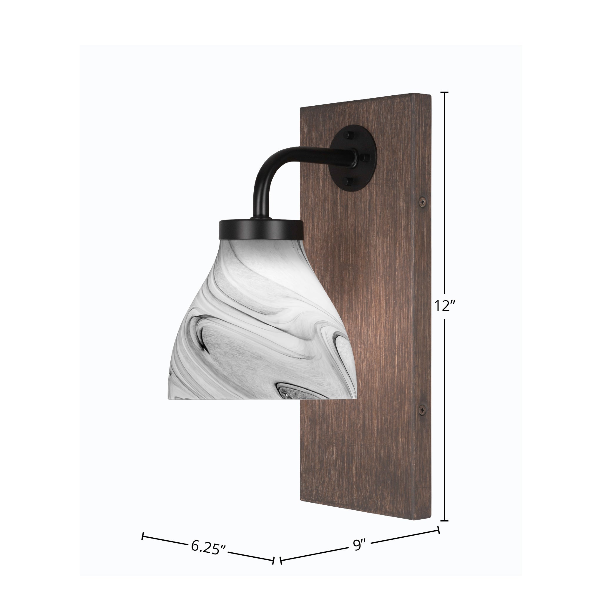 Oxbridge One Light Wall Sconce in Matte Black & Painted Distressed Wood-look Metal with 6.25" Onyx Swirl Shade