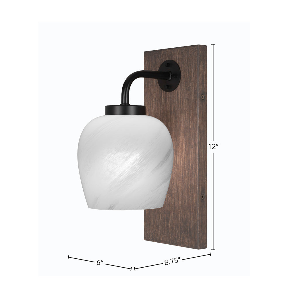 Oxbridge One Light Wall Sconce in Matte Black & Painted Distressed Wood-look Metal with 6" White Marble Shade