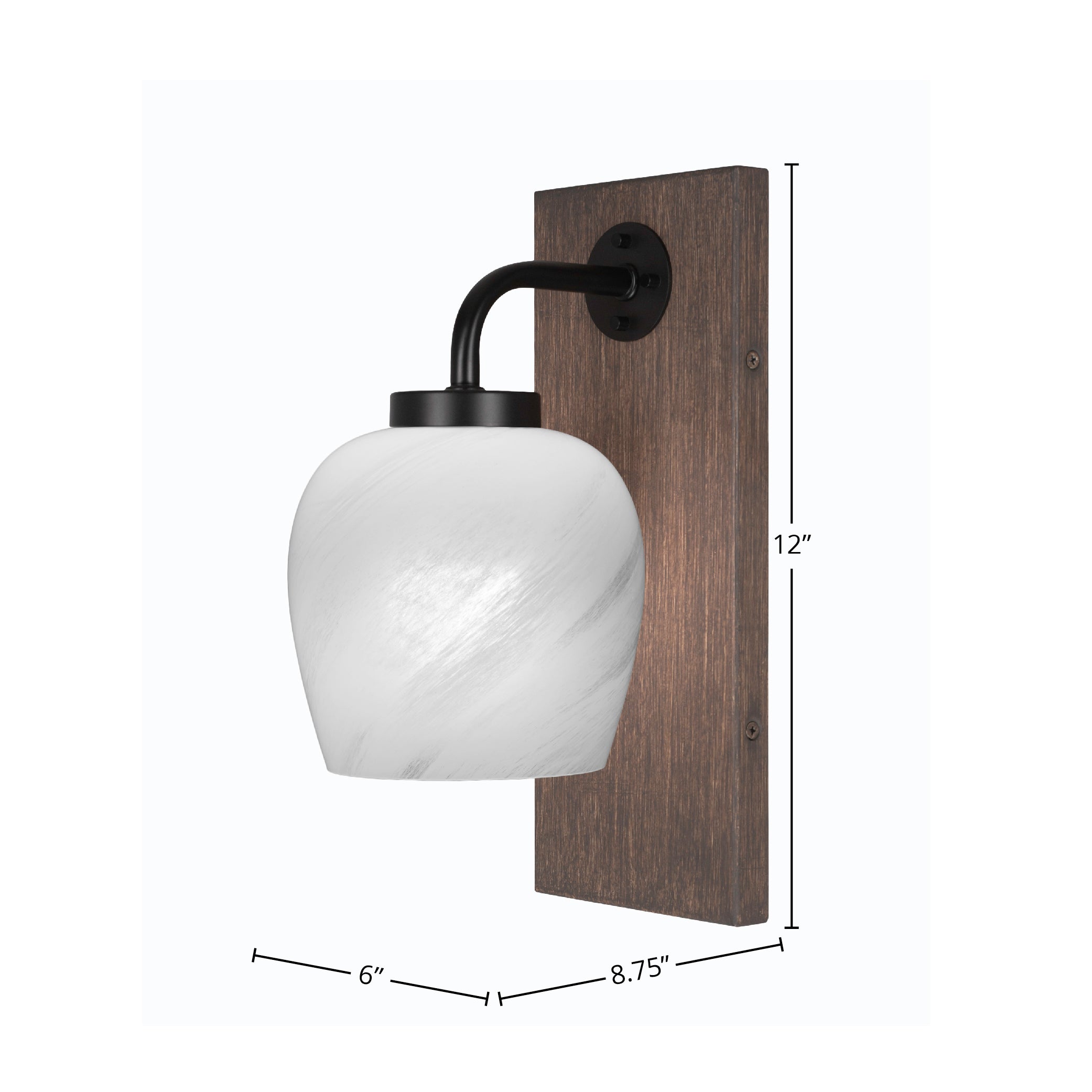 Oxbridge One Light Wall Sconce in Matte Black & Painted Distressed Wood-look Metal with 6" White Marble Shade