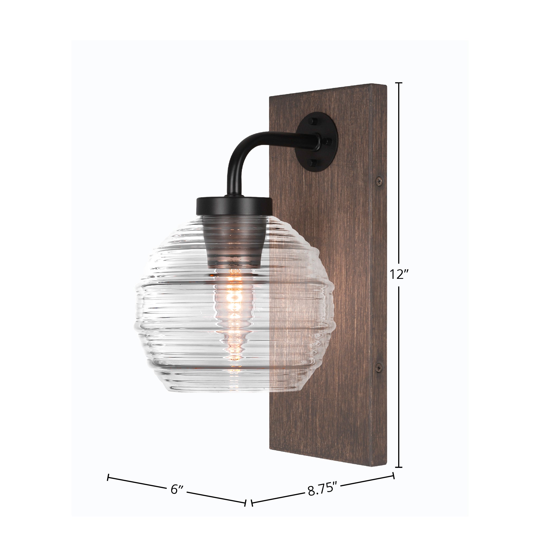Oxbridge One Light Wall Sconce in Matte Black & Painted Distressed Wood-look Metal with 6" Clear Ribbed Shade