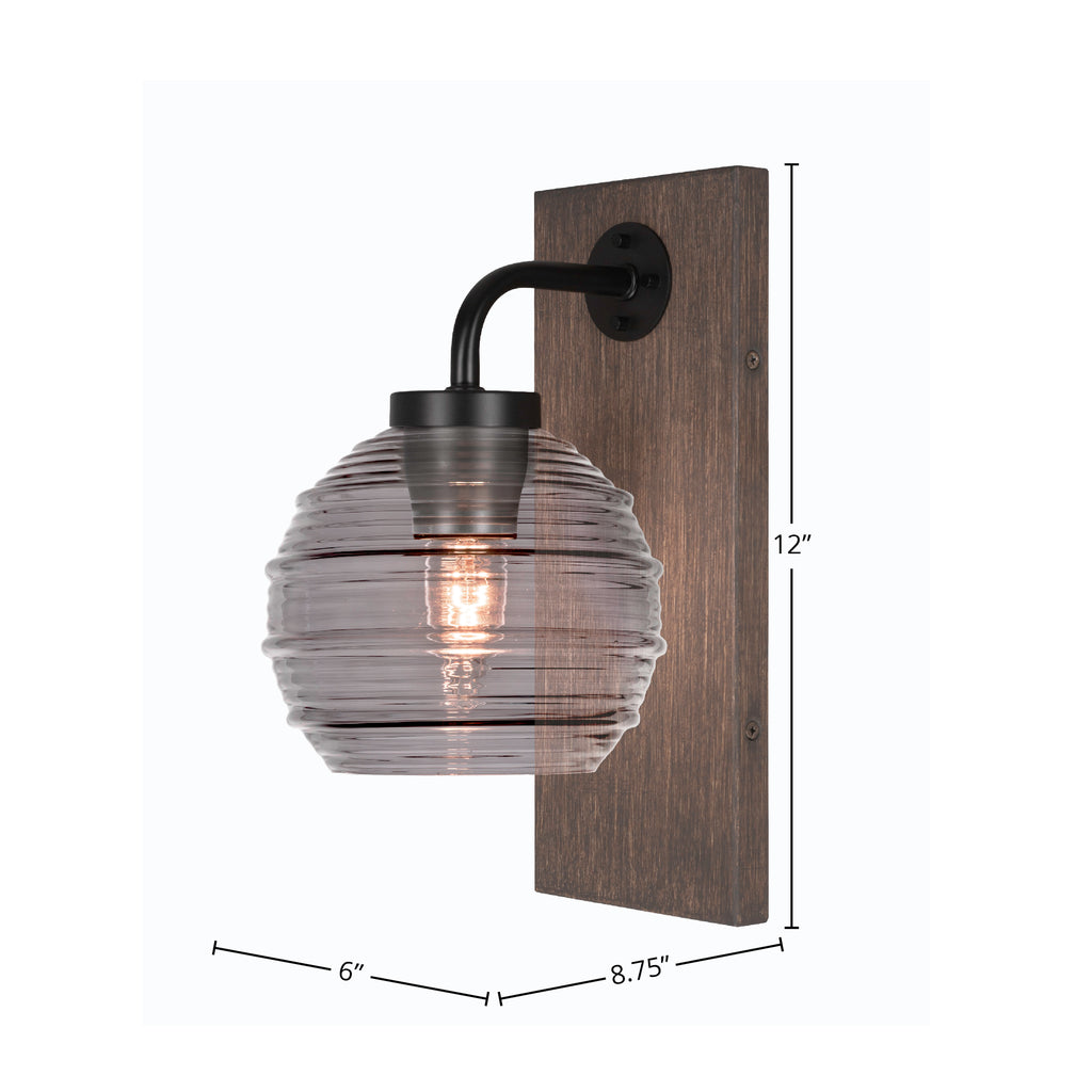 Oxbridge One Light Wall Sconce in Matte Black & Painted Distressed Wood-look Metal with 6" Smoke Ribbed Shade