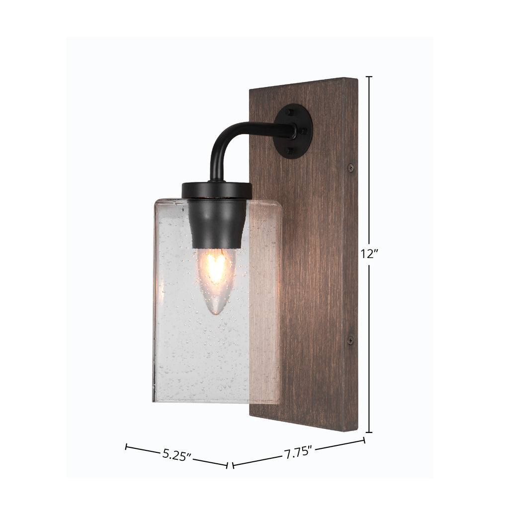 Oxbridge One Light Wall Sconce in Matte Black & Painted Distressed Wood-look Metal with 4" Square Clear Bubble Shade