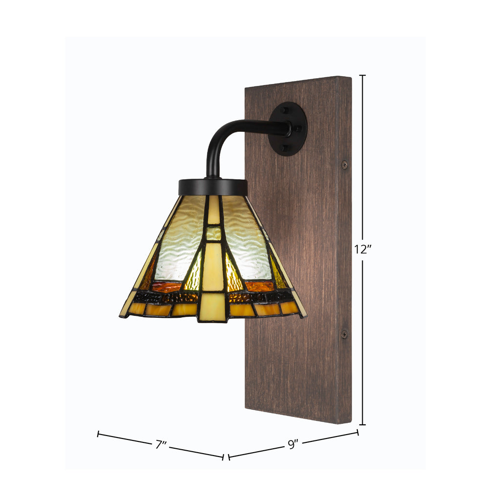 Oxbridge One Light Wall Sconce in Matte Black & Painted Distressed Wood-look Metal with 7" Zion Art Glass Shade