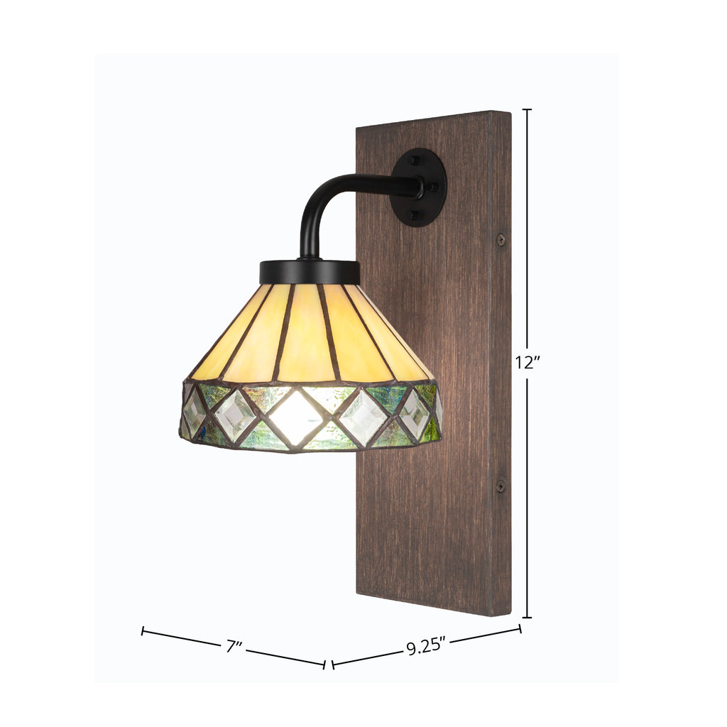 Oxbridge One Light Wall Sconce in Matte Black & Painted Distressed Wood-look Metal with 7" Diamond Peak Art Glass Shade