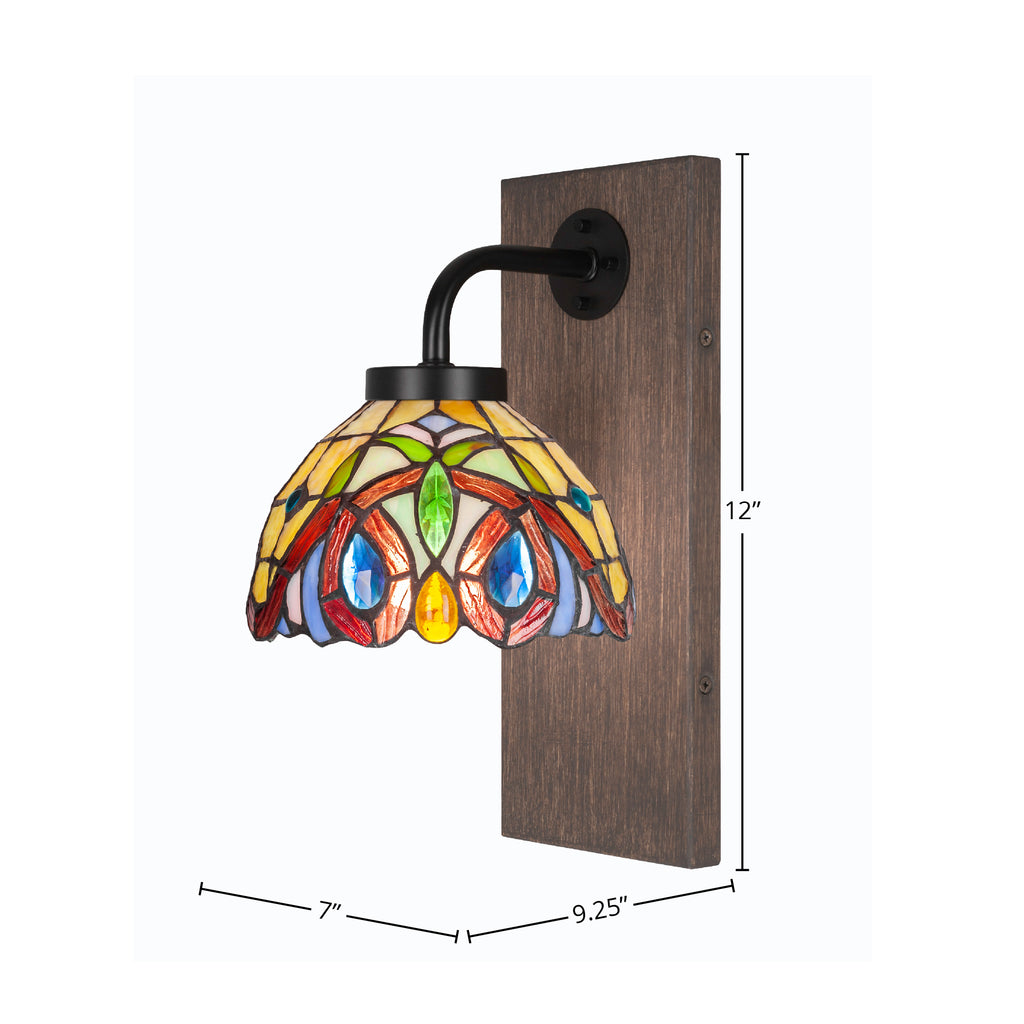 Oxbridge One Light Wall Sconce in Matte Black & Painted Distressed Wood-look Metal with 7" Lynx Art Glass Shade
