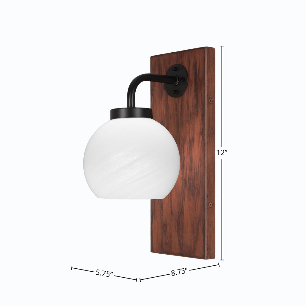 Oxbridge One Light Wall Sconce in Matte Black & Painted Wood-look Metal with 5.75" White Marble Shade