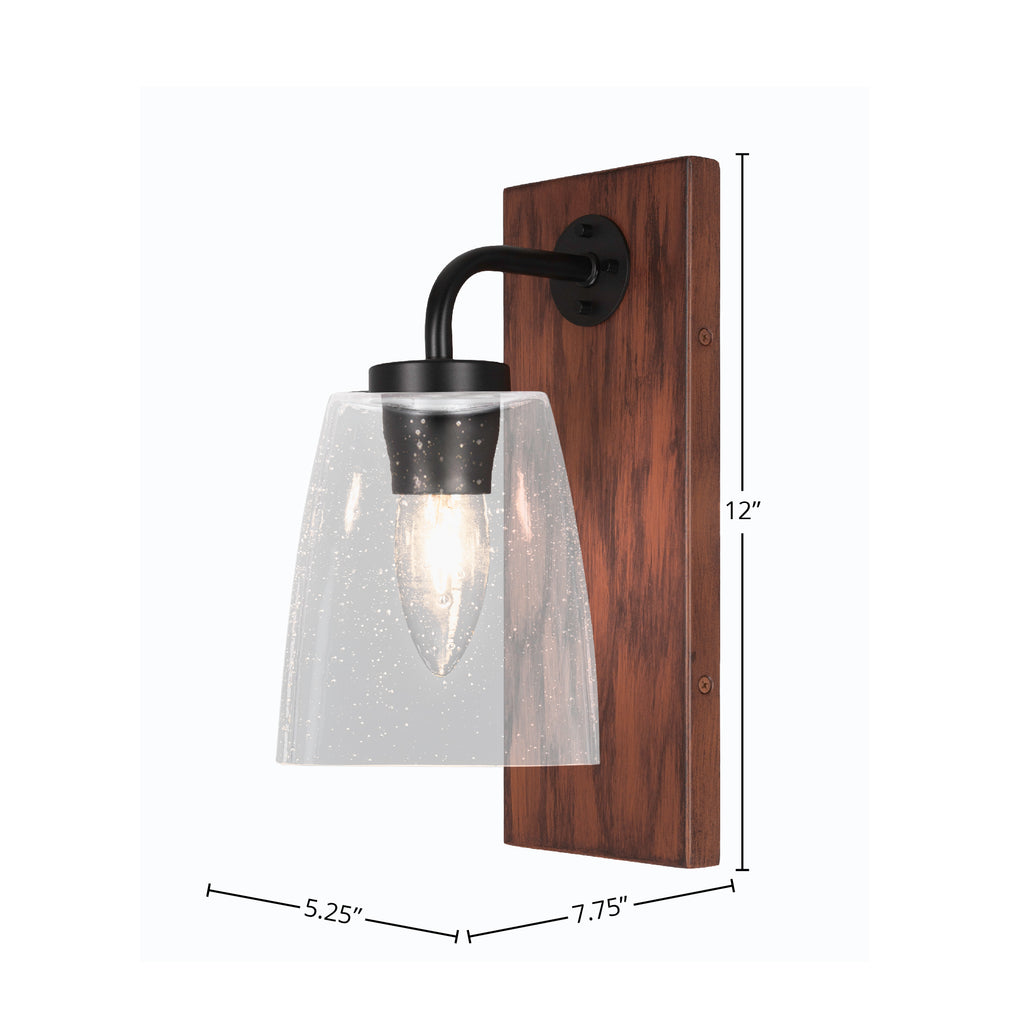 Oxbridge One Light Wall Sconce in Matte Black & Painted Wood-look Metal with 4.5" Square Clear Bubble Shade