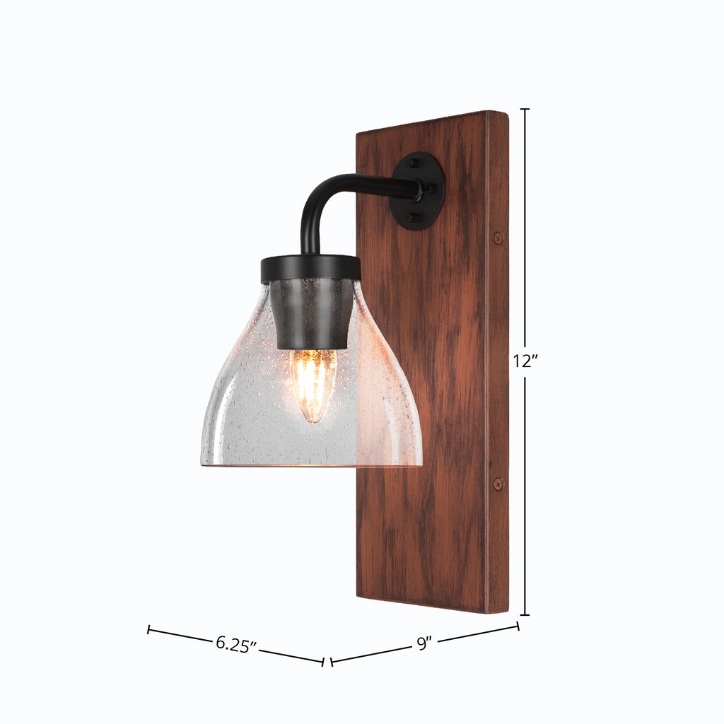 Oxbridge One Light Wall Sconce in Matte Black & Painted Wood-look Metal with 6.25" Clear Bubble Shade