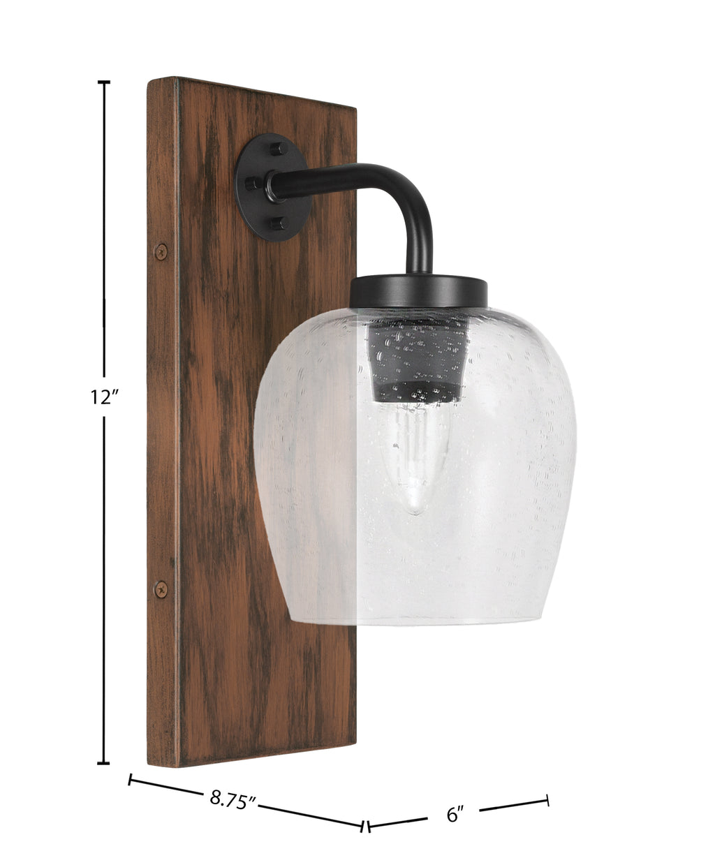 Oxbridge One Light Wall Sconce in Matte Black & Painted Wood-look Metal with 6" Clear Bubble Shade