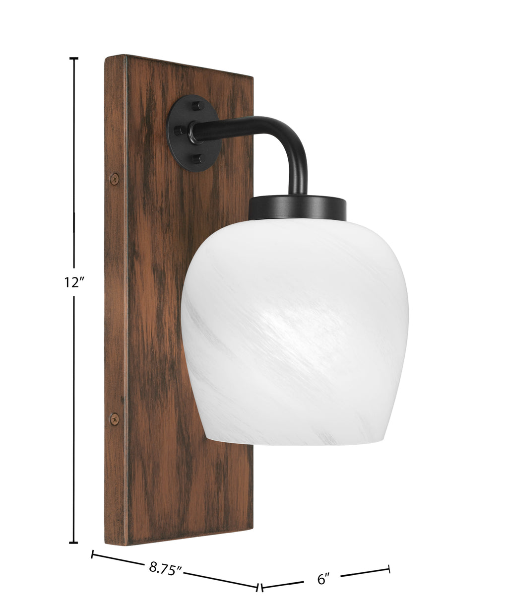 Oxbridge One Light Wall Sconce in Matte Black & Painted Wood-look Metal with 6" White Marble Shade