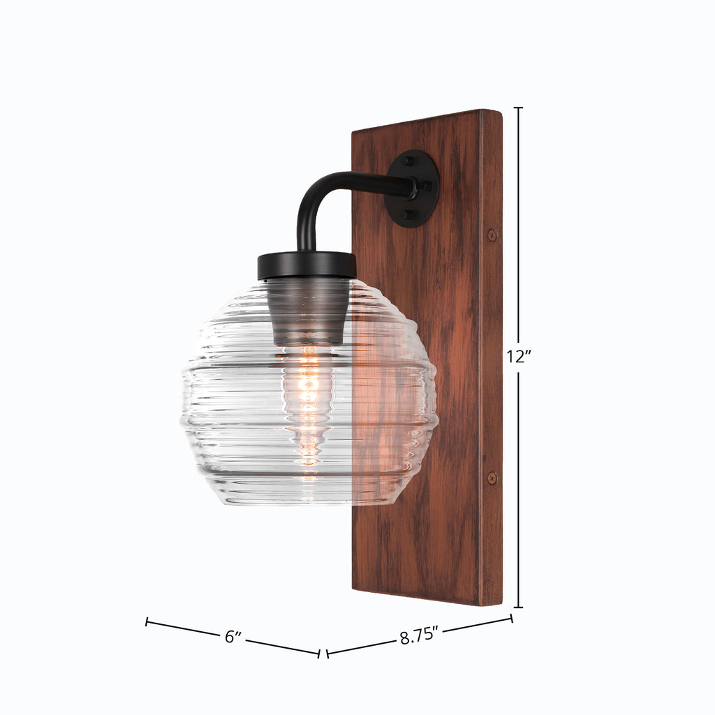 Oxbridge One Light Wall Sconce in Matte Black & Painted Wood-look Metal with 6" Clear Ribbed Shade