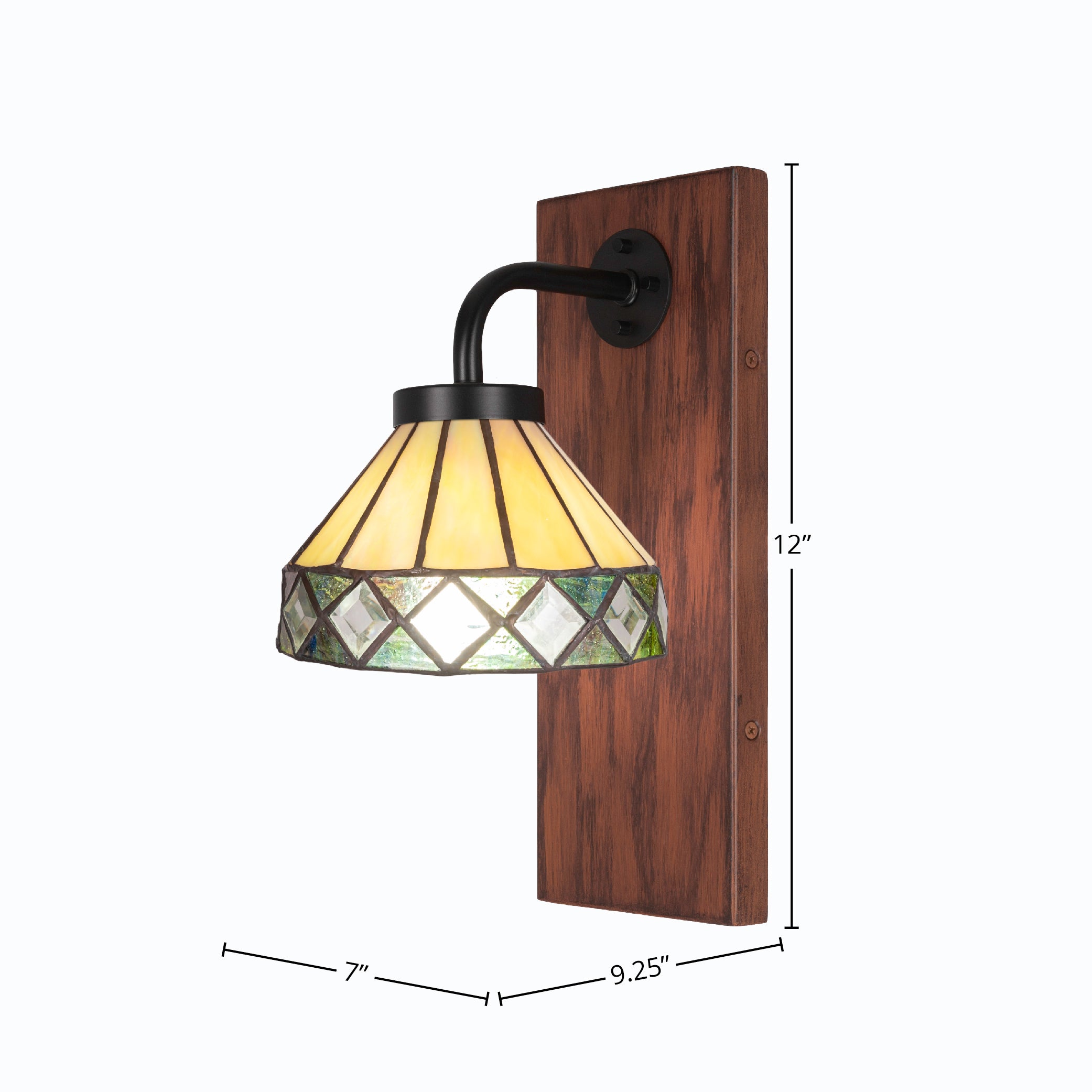 Oxbridge One Light Wall Sconce in Matte Black & Painted Wood-look Metal with 7" Diamond Peak Art Glass Shade