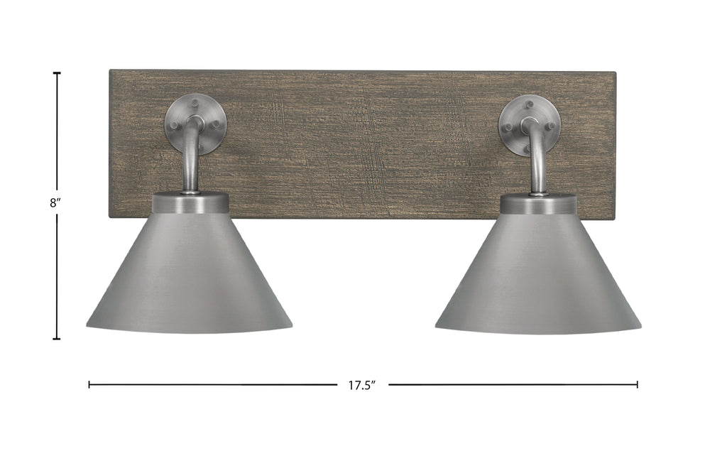 Oxbridge Two Light Bath Bar in Graphite & Painted Distressed Wood-look Metal with 7" Graphite Cone Metal Shade Shade