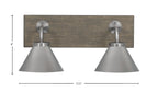 Oxbridge Two Light Bath Bar in Graphite & Painted Distressed Wood-look Metal with 7" Graphite Cone Metal Shade Shade
