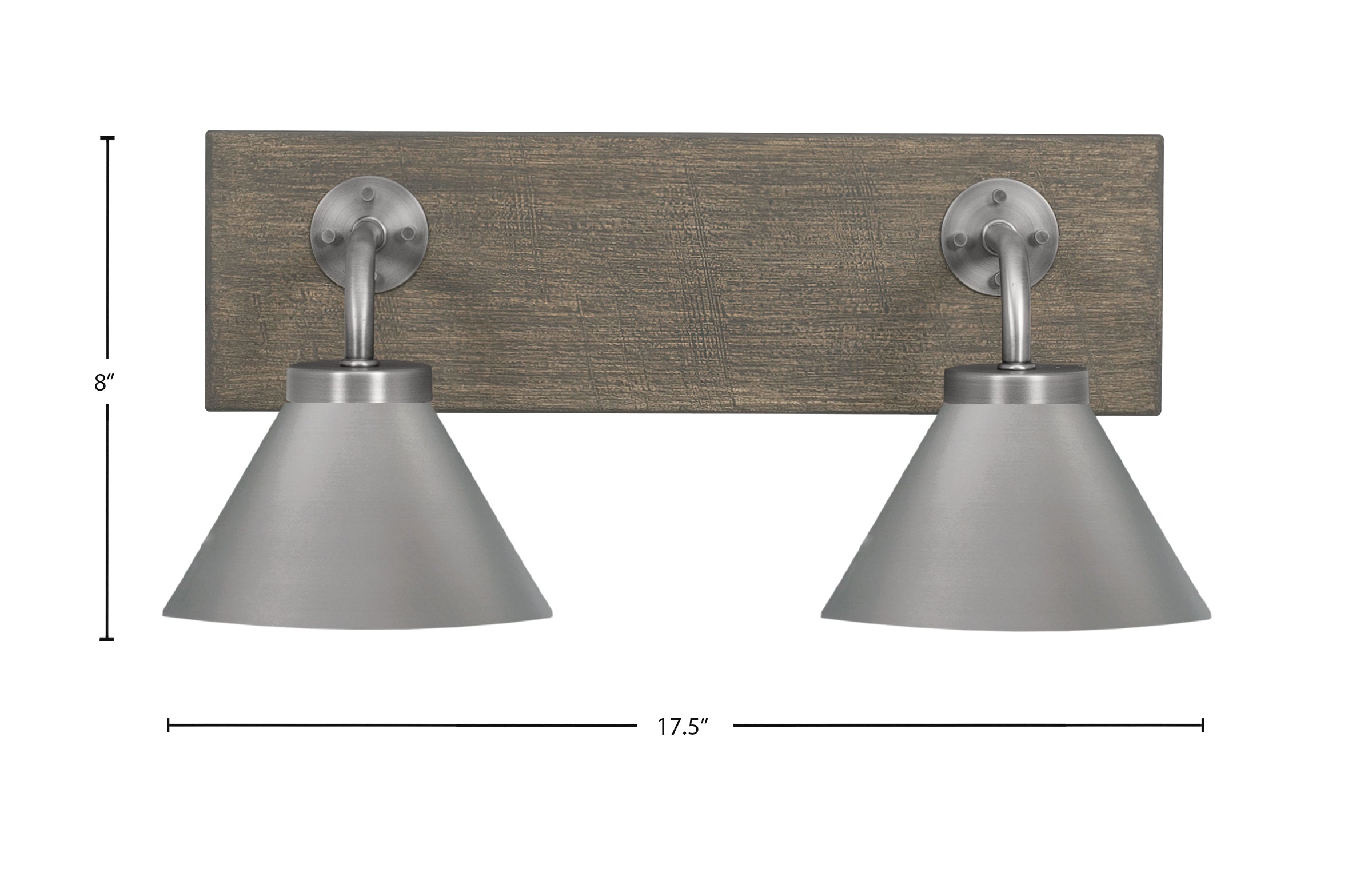 Oxbridge Two Light Bath Bar in Graphite & Painted Distressed Wood-look Metal with 7" Graphite Cone Metal Shade Shade