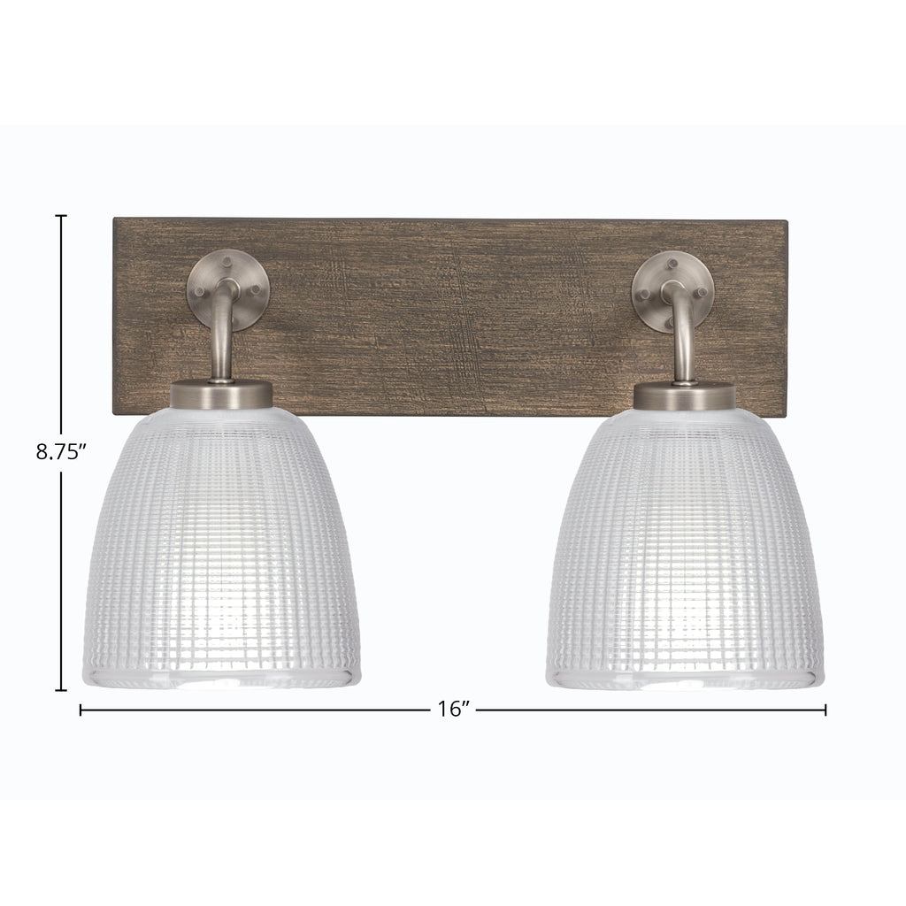 Oxbridge Two Light Bath Bar in Graphite & Painted Distressed Wood-look Metal with 5" Clear Ribbed Shade