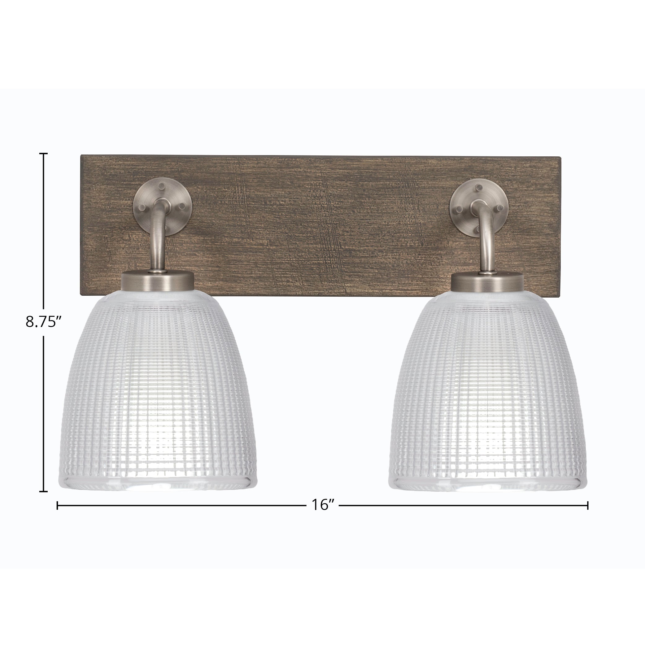Oxbridge Two Light Bath Bar in Graphite & Painted Distressed Wood-look Metal with 5" Clear Ribbed Shade