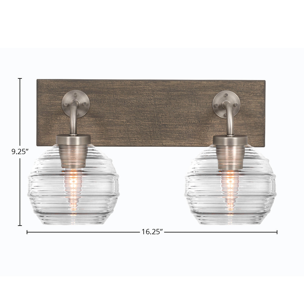 Oxbridge Two Light Bath Bar in Graphite & Painted Distressed Wood-look Metal with 6" Clear Ribbed Shade